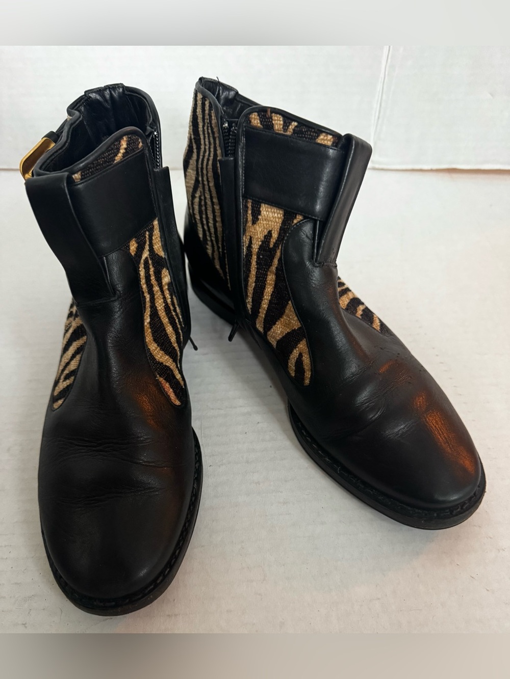 Bidou women’s Black Leather Ankle Boots with Zebra Print Panels